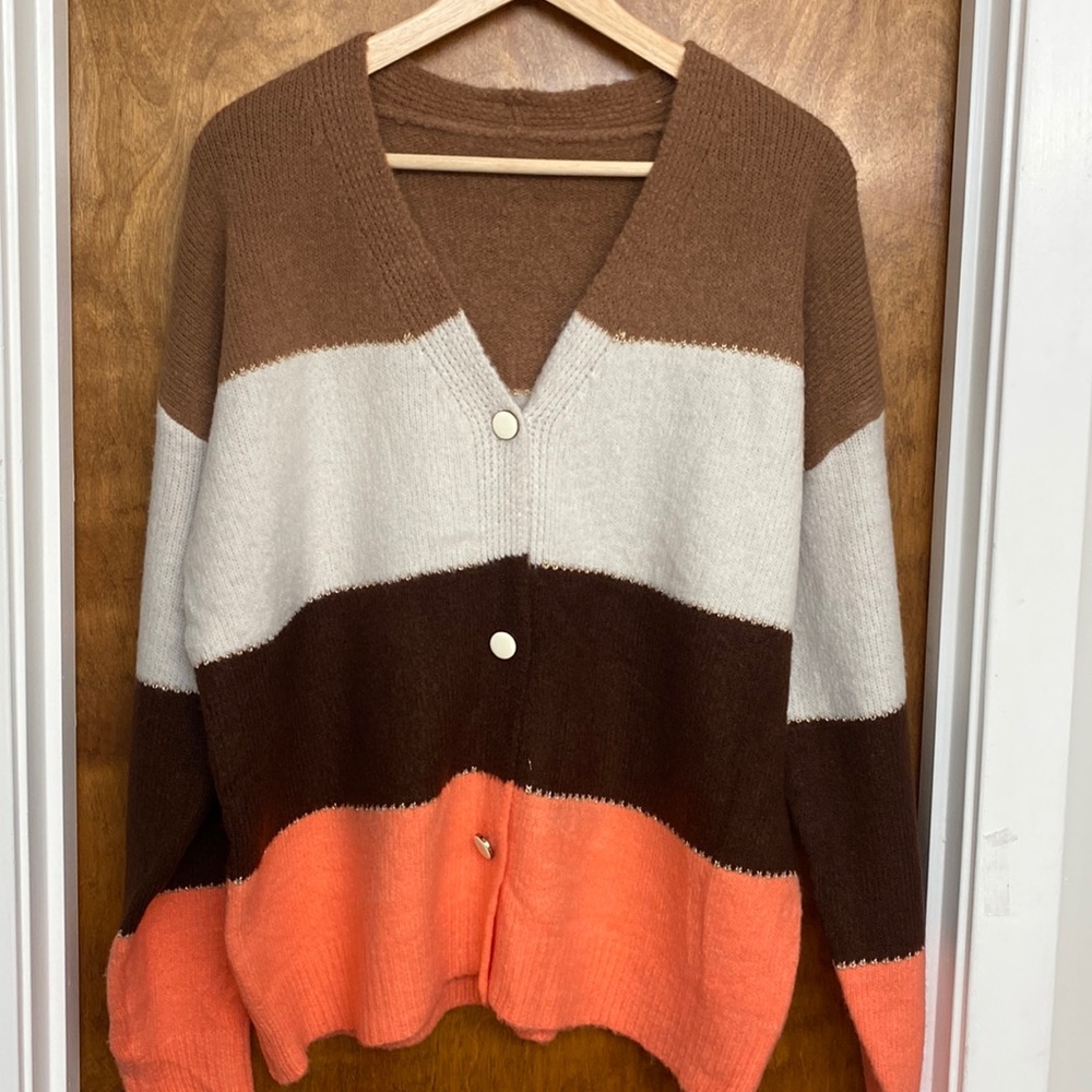 Tricolored cardigan with gold stitching. Size medium